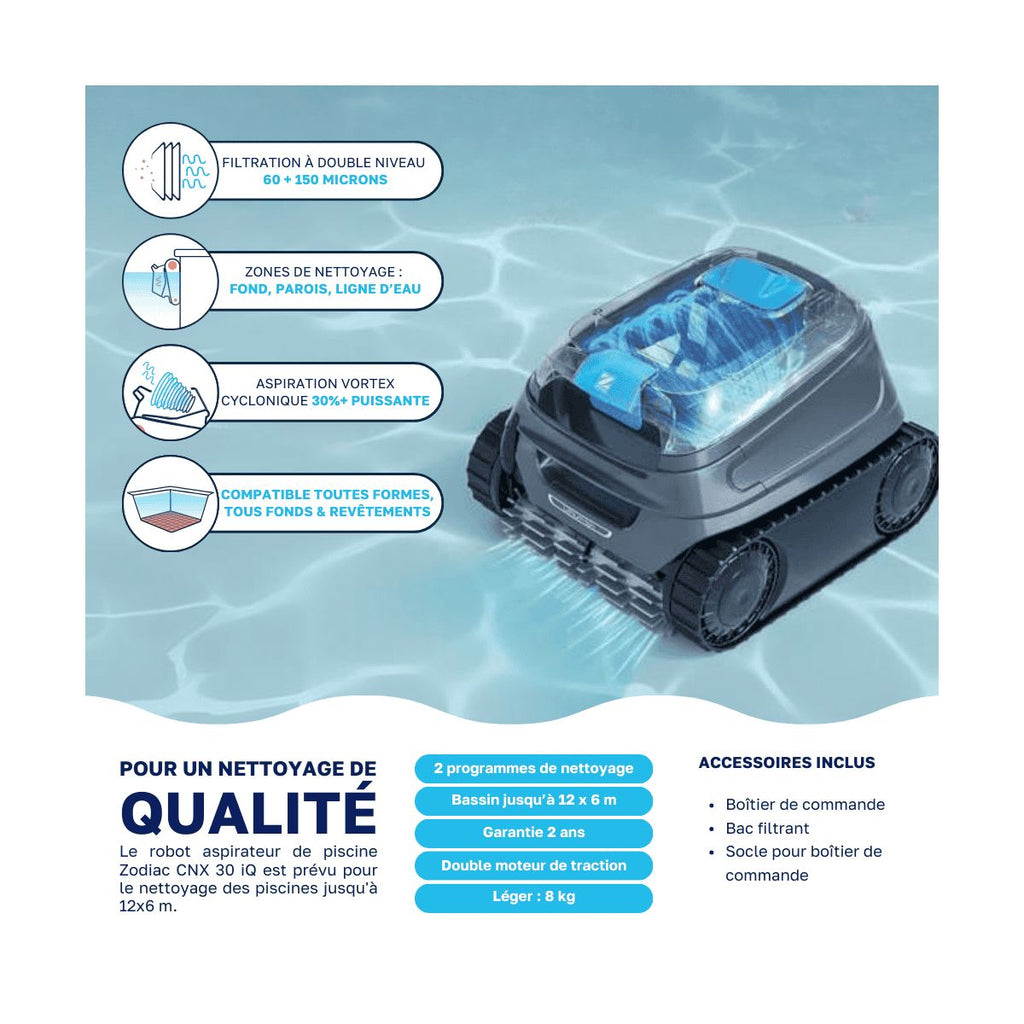 Robot piscine Zodiac CNX 40 iQ — Piscine 12 x 6 m App iAquaLink