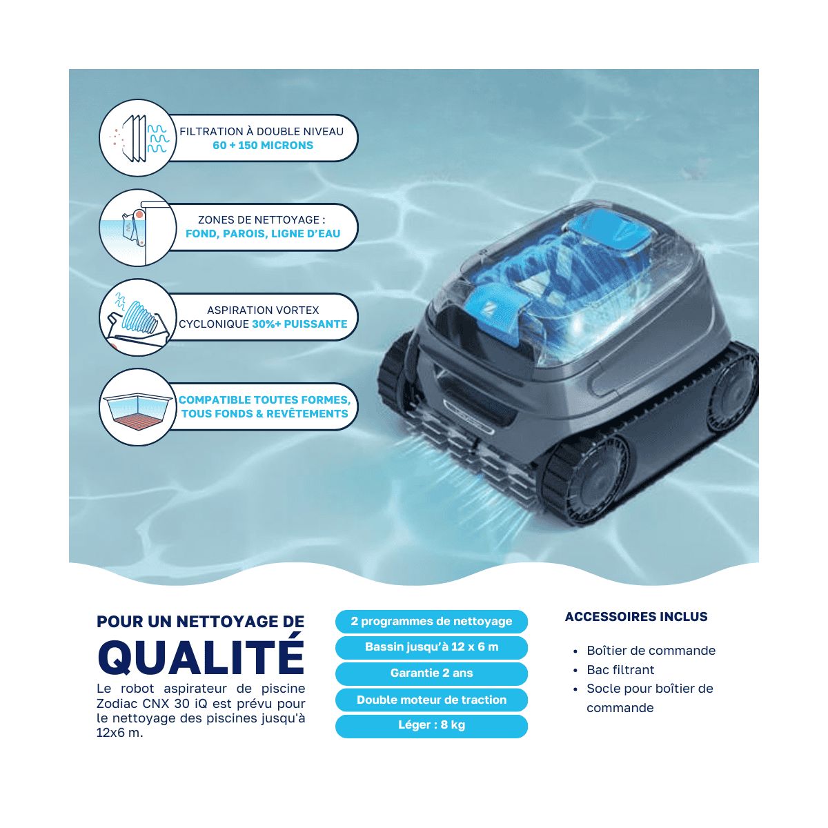 Robot piscine Zodiac CNX 40 iQ — Piscine 12 x 6 m App iAquaLink