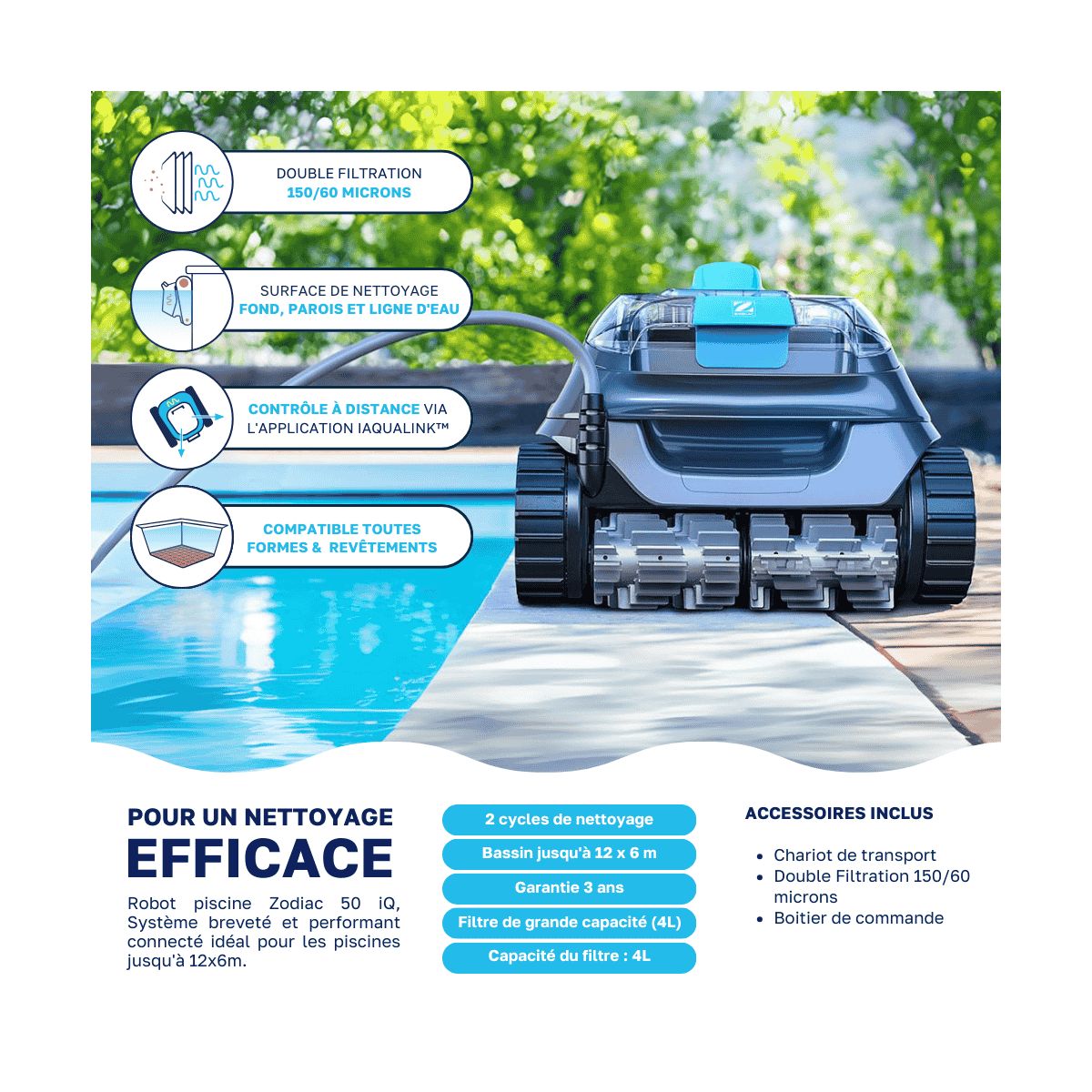 Robot piscine Zodiac CNX 50 iQ — Piscine 15 x 7 m App iAquaLink