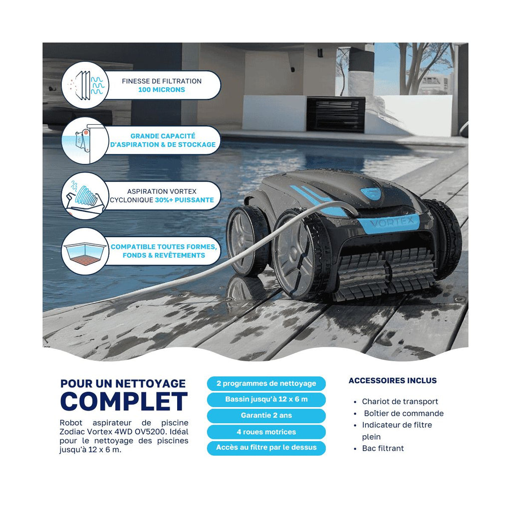 Robot piscine Zodiac Vortex 4WD OV 5200 — Fond et parois piscine 10 x 5 m