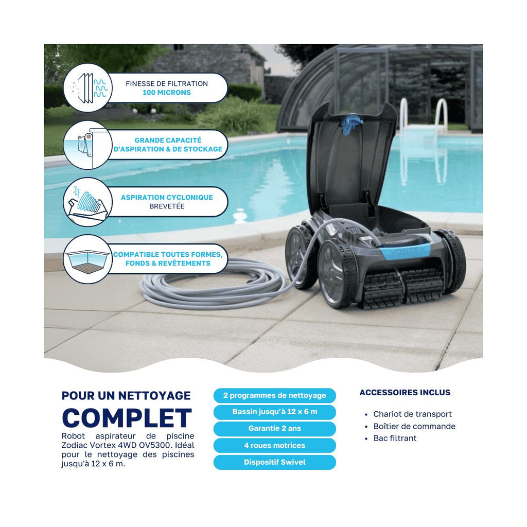 Robot piscine Zodiac Vortex 4WD OV 5300 SW — Fond, parois et ligne d'eau