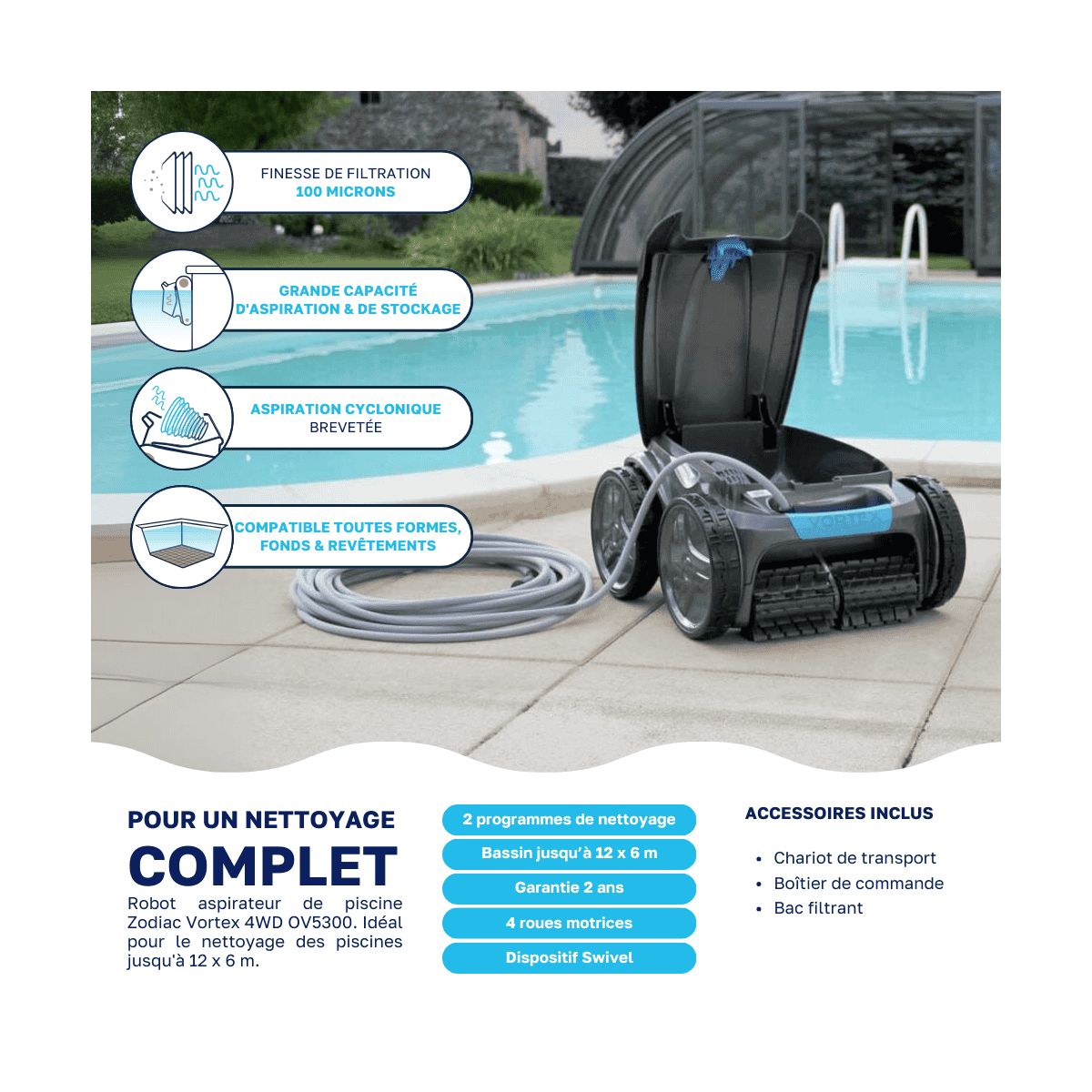 Robot piscine Zodiac Vortex 4WD OV 5300 SW — Fond, parois et ligne d'eau